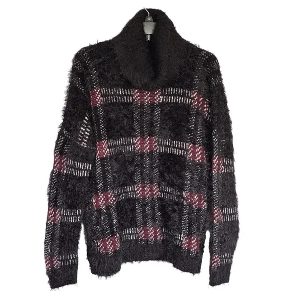 Sanctuary Sweaters - Sanctuary Women’s Fuzzy Black Red Plaid Turtleneck Sweater
